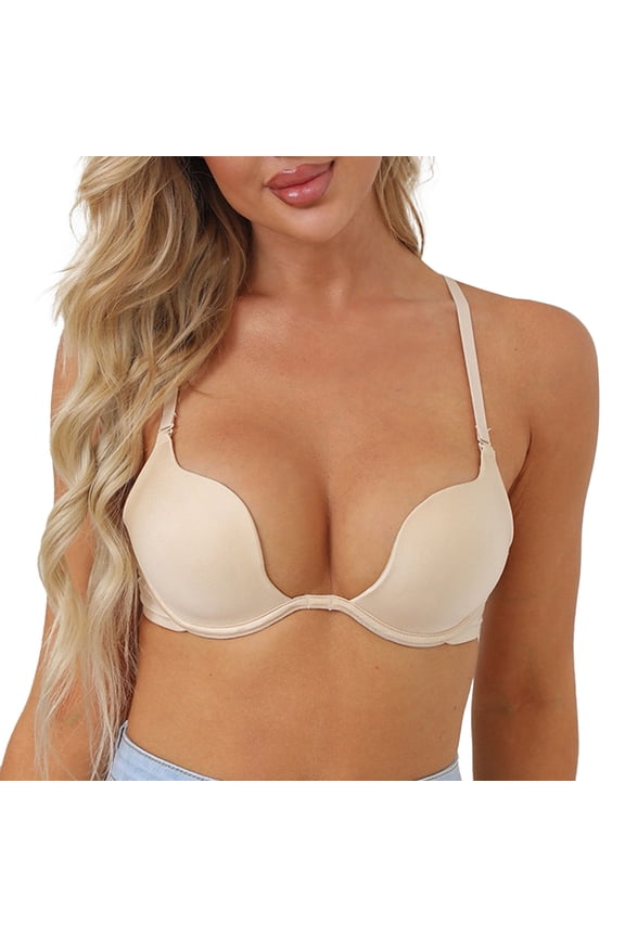 Women Casual Vest Bra Low Back Bras Seamless Wireless Triangle Strappy Low Cut Open Back Halter Bras T-Shirt Bras Beige