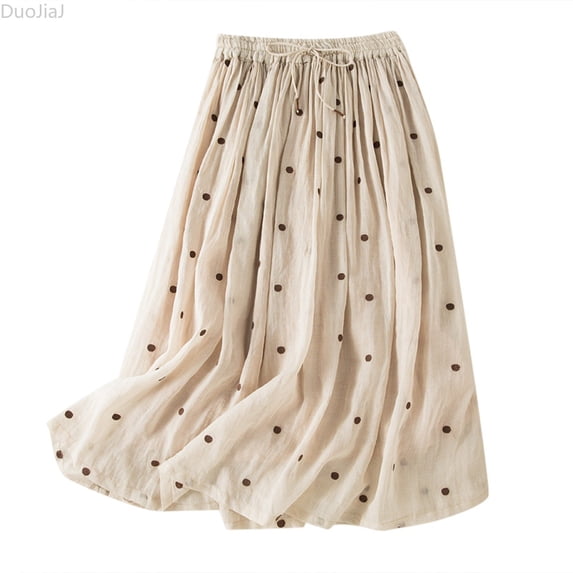 DuoJiaJ Women Cotton Linen Elastic Waist Long Maxi Skirt Beige L
