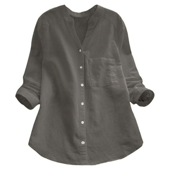 DuoJiaJ Women Cotton linen Casual Solid Long Sleeve Shirt Blouse Button Down Tops Women's Button Down Shirts Gray XXL