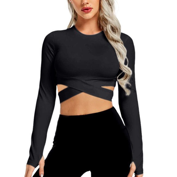 DuoJiaJ Women Crop Tops Tummy Long Sleeve Yoga Running Shirts Gym Workout Tank Tops Casual V-Neck Tops Black M