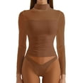 thumbnail image 1 of DuoJiaJ Women Double Line Mesh Sheer Crop Tank Tops Neck Long Sleeve Shirts Casual V-Neck Tops Brown L, 1 of 3