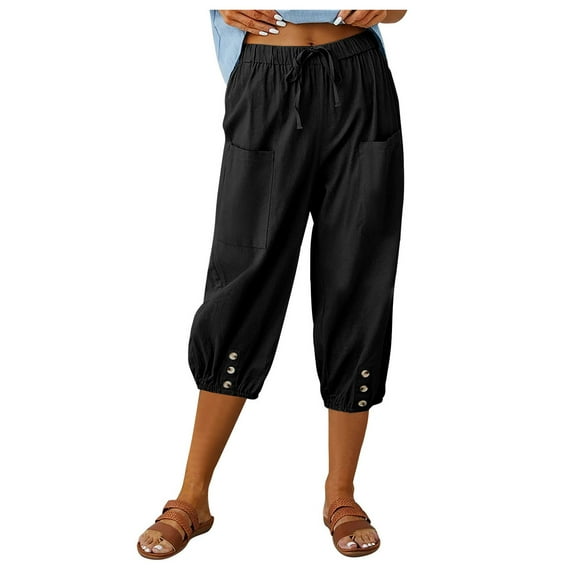 DuoJiaJ Women Elastic High Waisted Loose Tapered Harem Pants With Pockets Casual Cropped Trouser Wide Leg Casual Pants Women