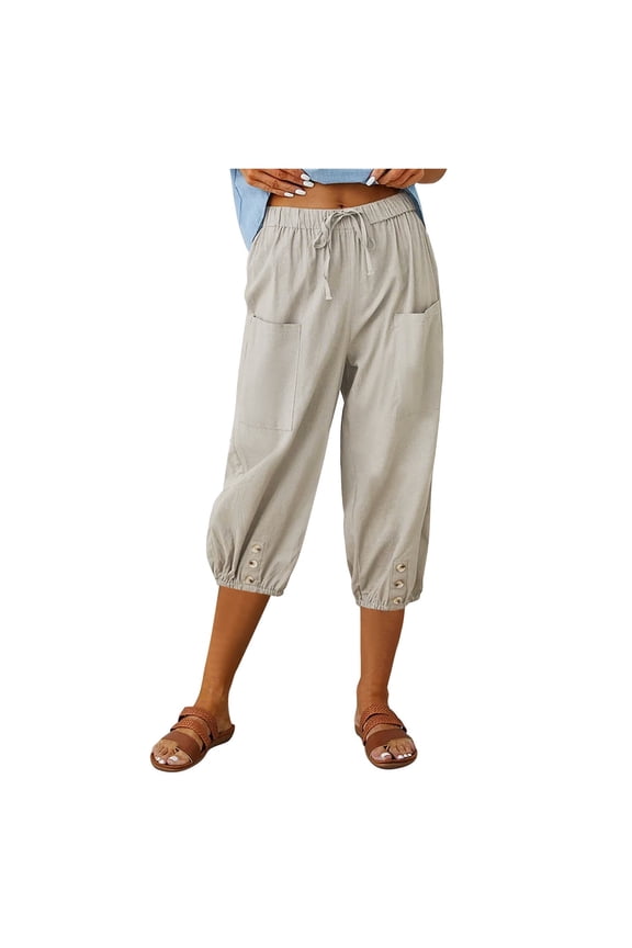 Women Elastic High Waisted Loose Tapered Harem Pants With Pockets Casual Cropped Trouser Wide Leg Casual Pants Women