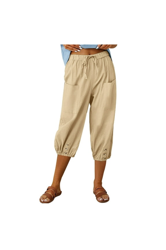 Women Elastic High Waisted Loose Tapered Harem Pants With Pockets Casual Cropped Trouser Wide Leg Casual Pants Women