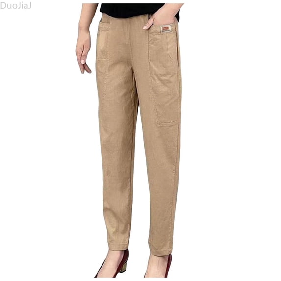 DuoJiaJ Women Elastic Waist Cotton Trousers Relaxed Fit Straight Leg Trousers Casual Loose FIitting Trousers Women's Lounge Pants Yellow L