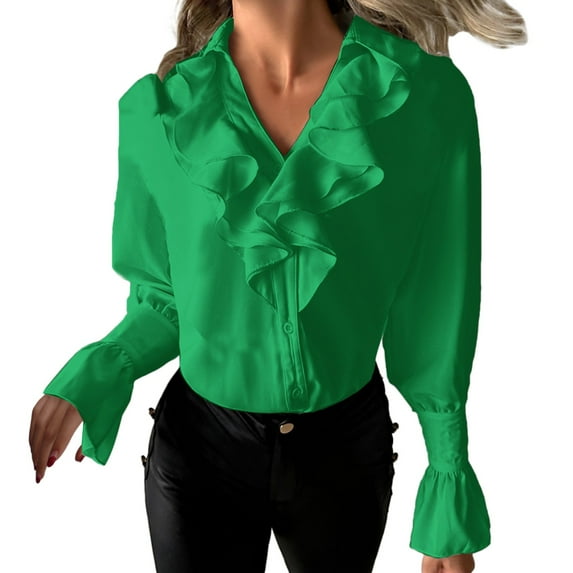 DuoJiaJ Women Fashion Casual Slim Solid Buttons Ruffled Long Sleeve V Neck Shirt Top Women's Long Sleeve Shirts Green XL