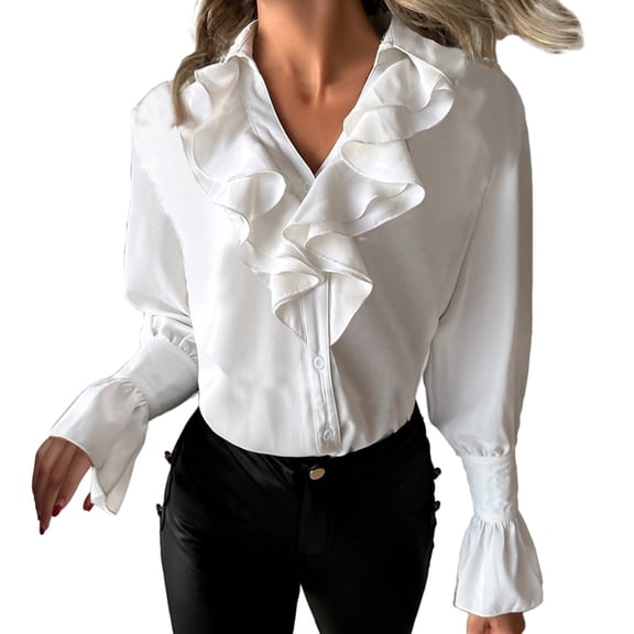 DuoJiaJ Women Fashion Casual Slim Solid Buttons Ruffled Long Sleeve V Neck Shirt Top Women's Long Sleeve Shirts White XXL