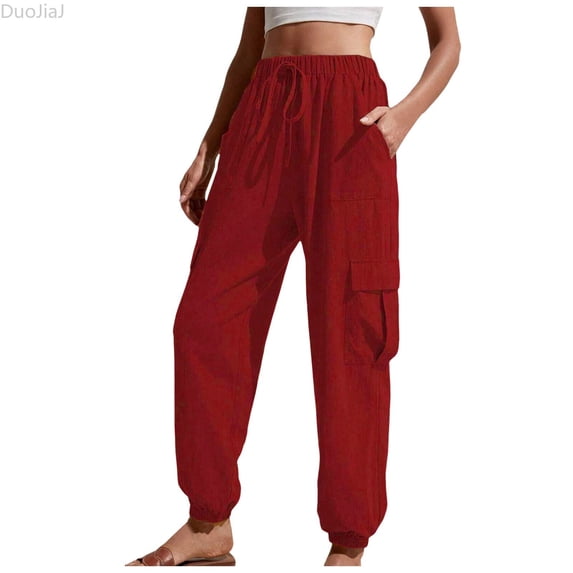 DuoJiaJ Women Fashion Casual Solid Color High Waist Casual Pants Pocket Side Drawstring Hem Cargo Pants Women's Cargo Pants Red L