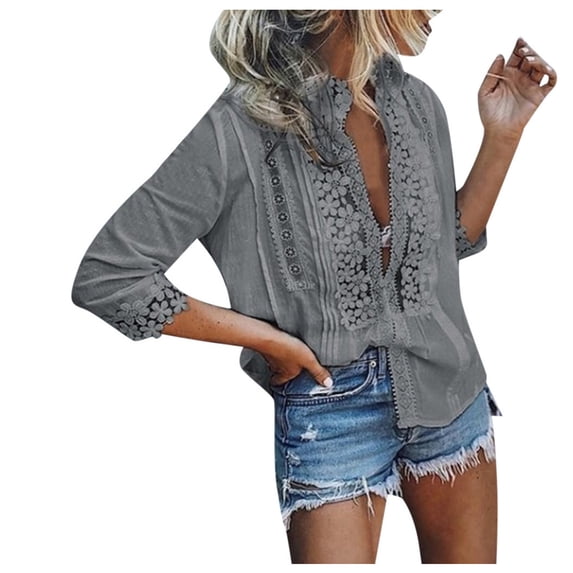 DuoJiaJ Women Fashion Casual Solid Lace Tops Sexy V-Neck Blouse Half-Sleeve Shirts Women’s V-Neck Tops Gray