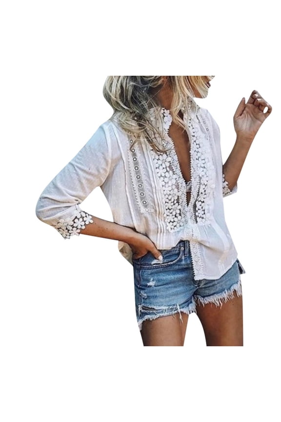 Women Fashion Casual Solid Lace Tops Sexy V-Neck Blouse Half-Sleeve Shirts Women’s V-Neck Tops White