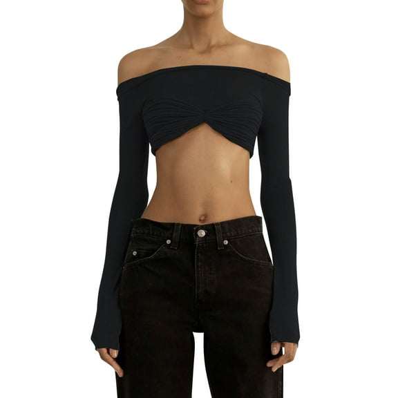 DuoJiaJ Women Fashion Off Shoulder Long Sleeve Tees Slim Fit Stretchy Top Solid Color Backless Tshirt Fashion Sexy Shirts Women’s Lace Trim Casual Blouses Black