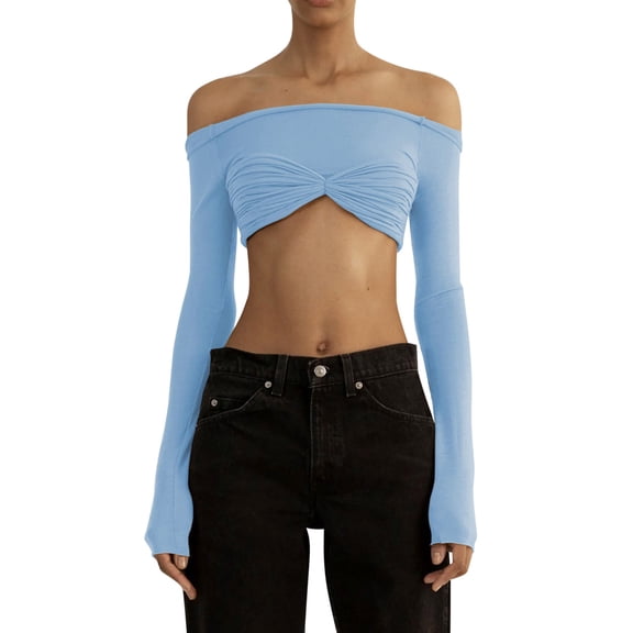 DuoJiaJ Women Fashion Off Shoulder Long Sleeve Tees Slim Fit Stretchy Top Solid Color Backless Tshirt Fashion Sexy Shirts Women’s Lace Trim Casual Blouses Blue