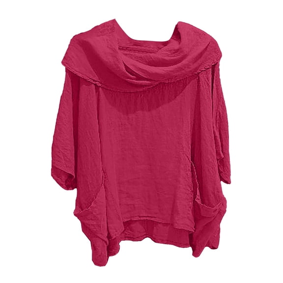 DuoJiaJ Women Fashion Solid Casual Pleated Blouse With A Three Quarter Cuff Women's Blouses Red L