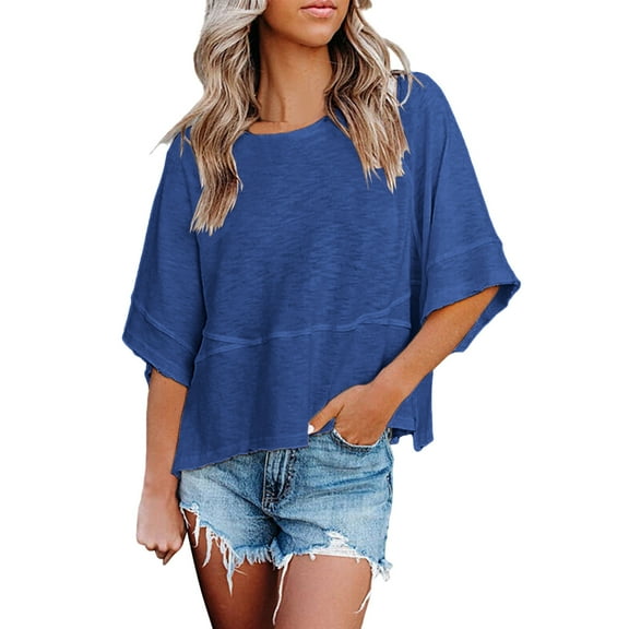 DuoJiaJ Women Fashion Solid Casual Round Neck Half Sleeve Tops T Shirt Blouse Women’s Summer Tops Blue