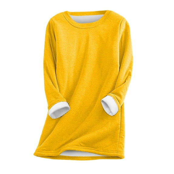 DuoJiaJ Women Fashion Solid Crew Neck Casual Plus Long Sleeve Hoodie Top Women's Thermal Underwear Set -Lined Yellow XXL