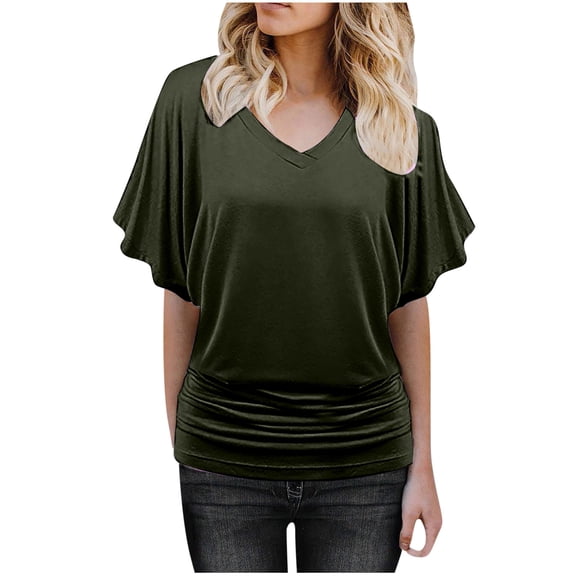 DuoJiaJ Women Fashion Solid V-Neck T-Shirt Blouse Batwing Sleeve Tops Blouse Women’s Button-Down Shirts Green