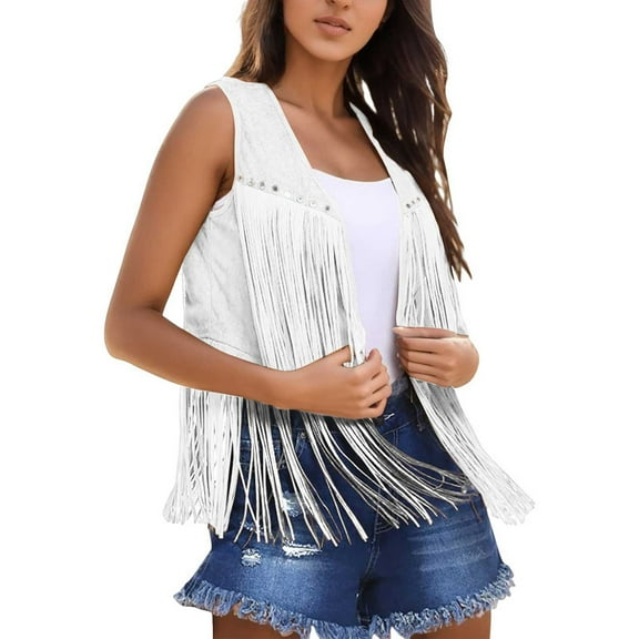 DuoJiaJ Women Fringe Vest Suede Open Front Vintage Vest Sleeveless 70s Hippie Clothes Boho Western Jacket Womens Lightweight Winter Coat White M
