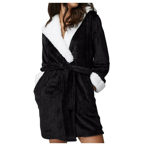 DuoJiaJ Women Hooded Bathrobe Lightweight Soft Plush Long Flannel Sleepwear Hooded Bathrobe Plush Long Robe Plus Size Nightgowns Women Black