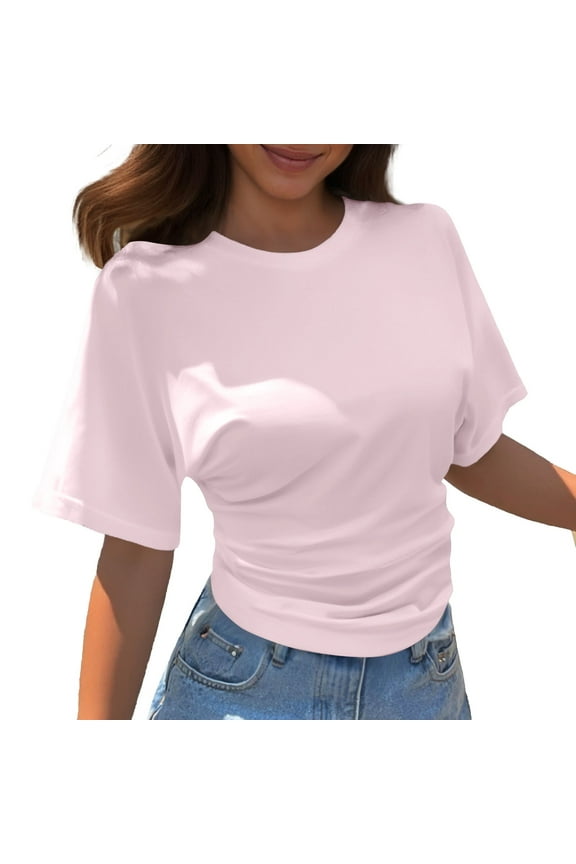 Women Korean Design Sense Round Neck Sleeve Short Sleeve T Shirt Women's New Summer All Matching Solid Color Loose Top Boho Style Blouses Pink L