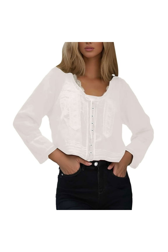Women Lace Tie Front Top Long Sleeve Button Up Chiffon Cardigan Flowy Boho Peplum Shirt Going Out Tops Women’s Linen Button-Down Shirts for Summer White L