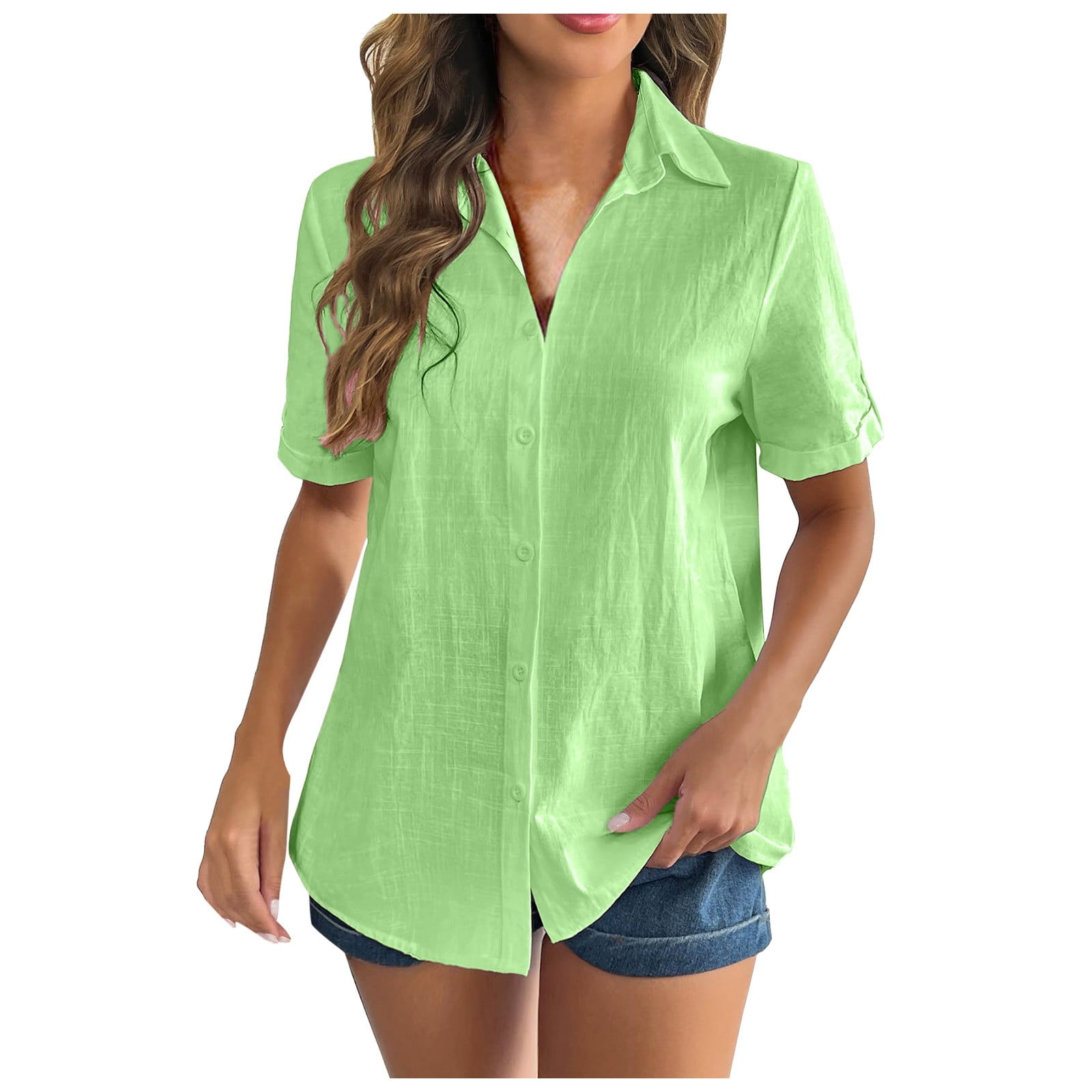 DuoJiaJ Women Linen Button Down Shirt Rolled Short Sleeve Blouse Ladies ...