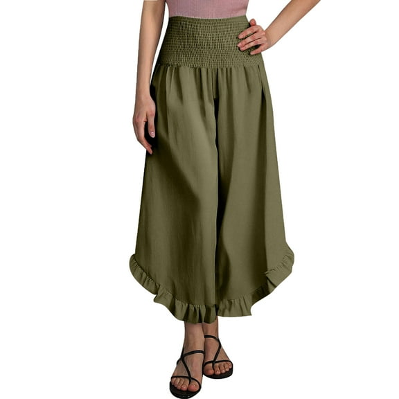 DuoJiaJ Women Linen Pants Summer Wide Leg Pants Smocked Waist Ruffle Hem Palazzo Pants Boho Flowy Beach Pants With Pocket Women’s Casual Pants