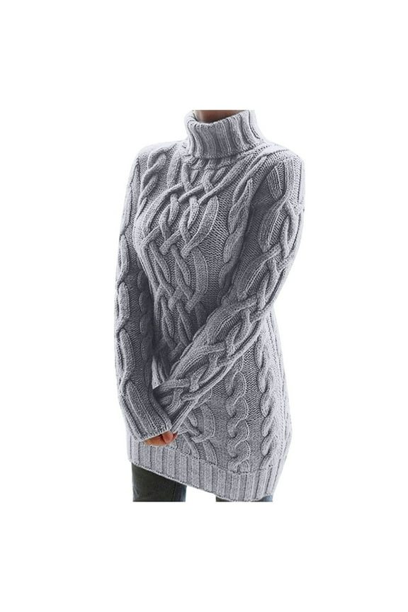 Women Long SleeveTurtlenec Winter High Waist Loose Sweater Dress Pullover Jumper Womens Down Coat Gray XL