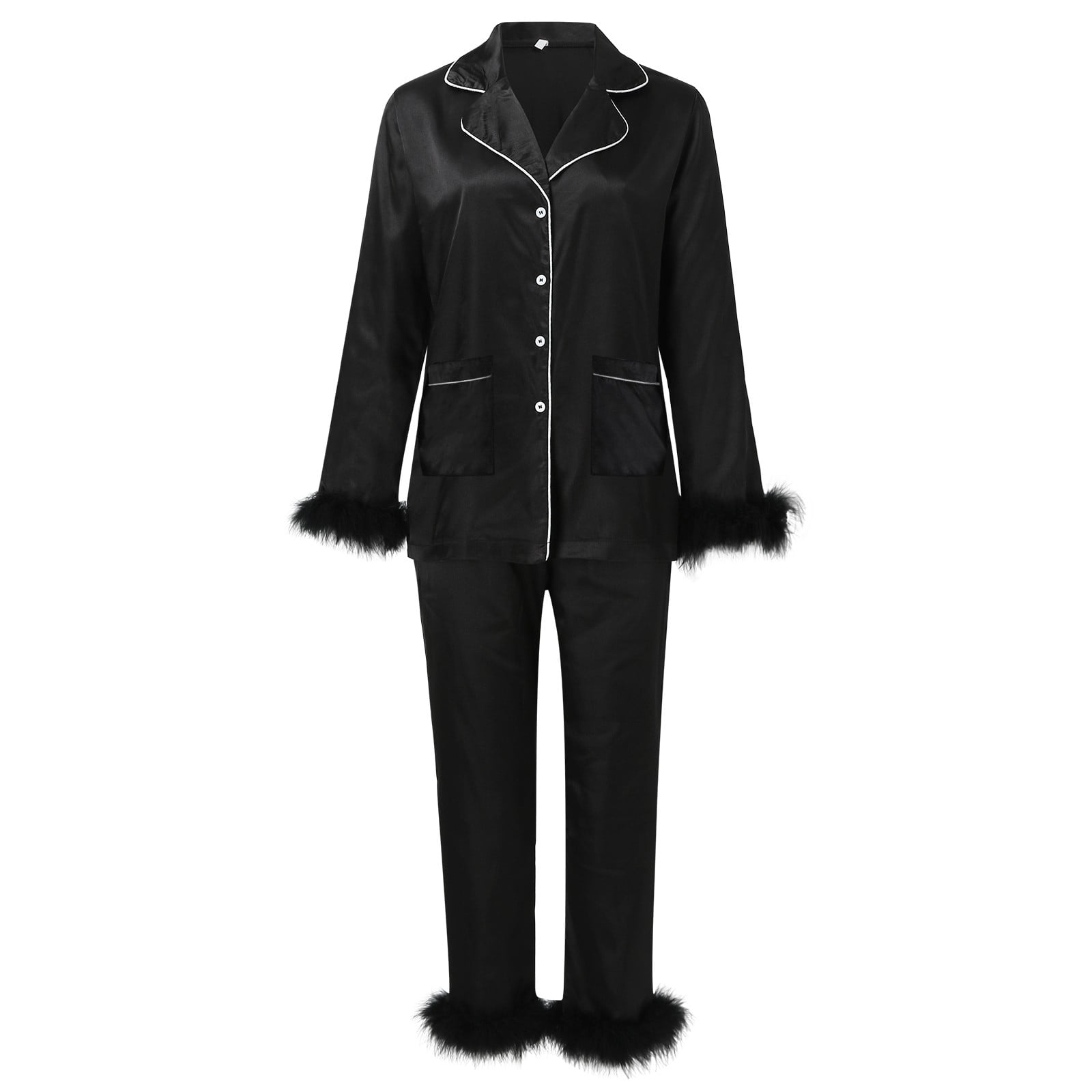Black Long Sleeves And Pants Lapel Pajamas Two-Piece Set