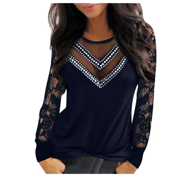 DuoJiaJ Women Longe Sleeve Lace Sequins V-Neck Long Sleeves Elegant Blouses Women’s Boho Flowy Summer Tops Blue
