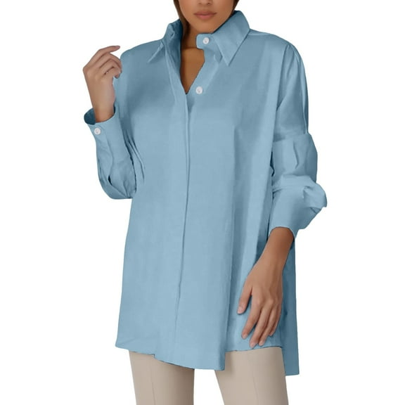 DuoJiaJ Women Loose Button Up Long Shirt Blouse Ladies V Neck Lapel Tunic Women's Long Sleeve Shirts Blue M
