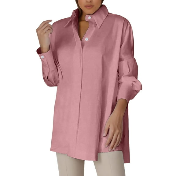 DuoJiaJ Women Loose Button Up Long Shirt Blouse Ladies V Neck Lapel Tunic Women's Long Sleeve Shirts Pink L