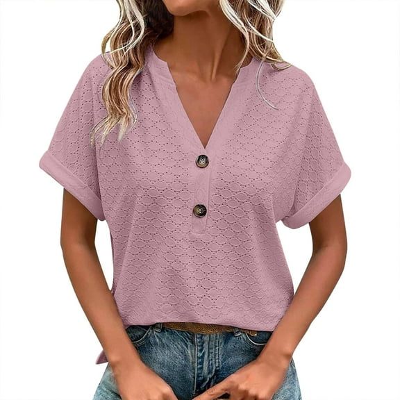 DuoJiaJ Women Loose V Neck Short Sleeve Tops Casual Pure Color Lace Summer Shirts Blouse Women’s Tank Tops Pink