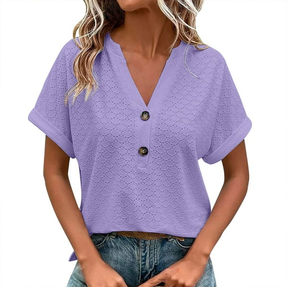 DuoJiaJ Women Loose V Neck Short Sleeve Tops Casual Pure Color Lace Summer Shirts Blouse Women’s Tank Tops Purple