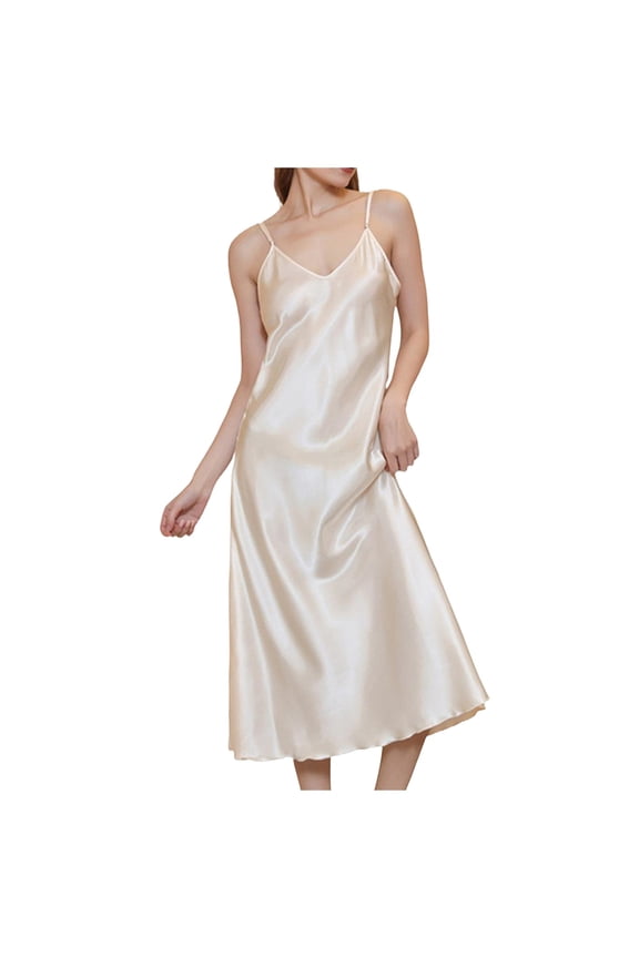Women Nightgowns V Neck Breathable Night Dress With Satin Spaghetti Strap Chemise Nightshirt Women's Summer Pajamas Short Sleeve Light Yellow