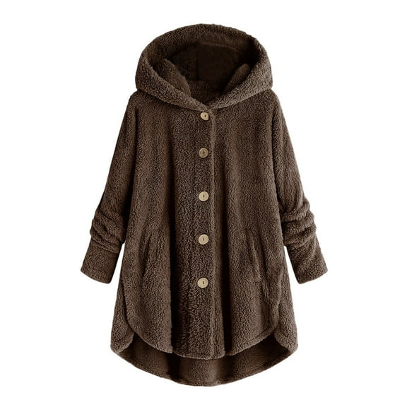 DuoJiaJ Women Plus Size Button Plush Tops Hooded Loose Cardigan Wool Coat Winter Jacket Lightweight Cardigan Women Coffee
