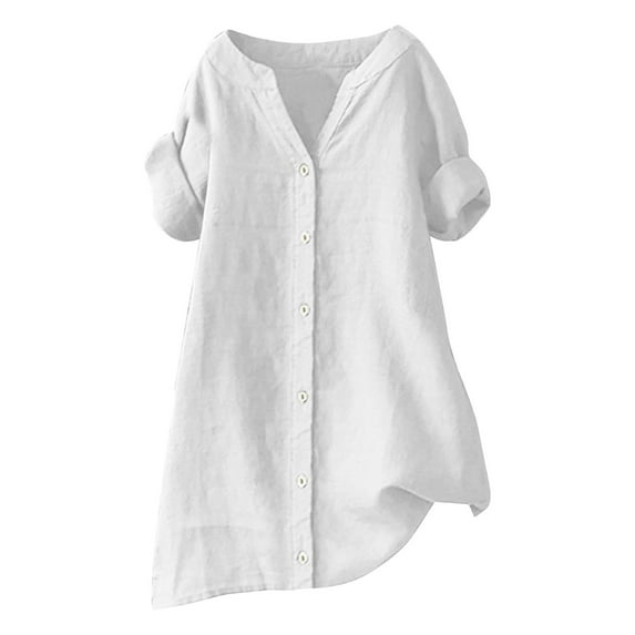 DuoJiaJ Women Plus Size Short Sleeve V Neck Shirts Solid Roll Up Tops Summer Blend Tee Shirts Women's Work Shirts White XXXXL