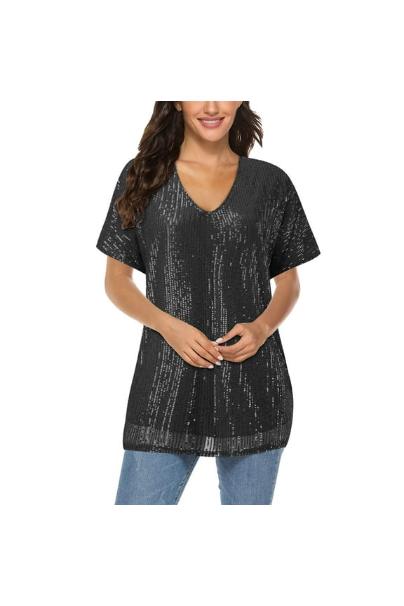 Women Plus Size Sparkly Sequin Blingbling V Neck Short Sleeve Loose Top Tee Shirt Women’s Linen Button-Down Shirts for Summer Black M