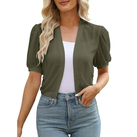 DuoJiaJ Women Puff Sleeve Bolero Open Front Summer Cropped Sheer Jackets Cardigan Button Down Cardigan Women Army Green