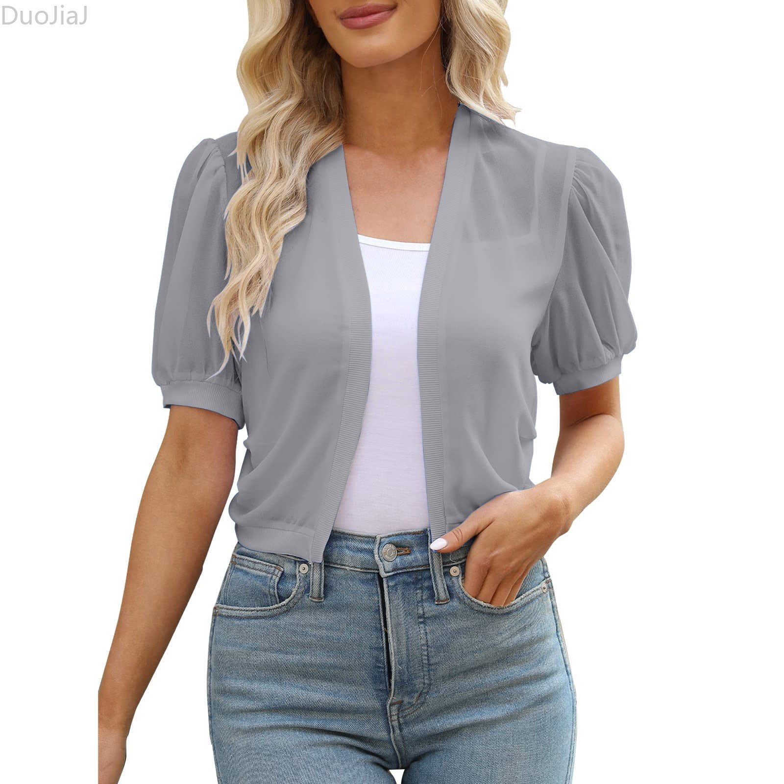 DuoJiaJ Women Puff Sleeve Bolero Open Front Summer Cropped Sheer