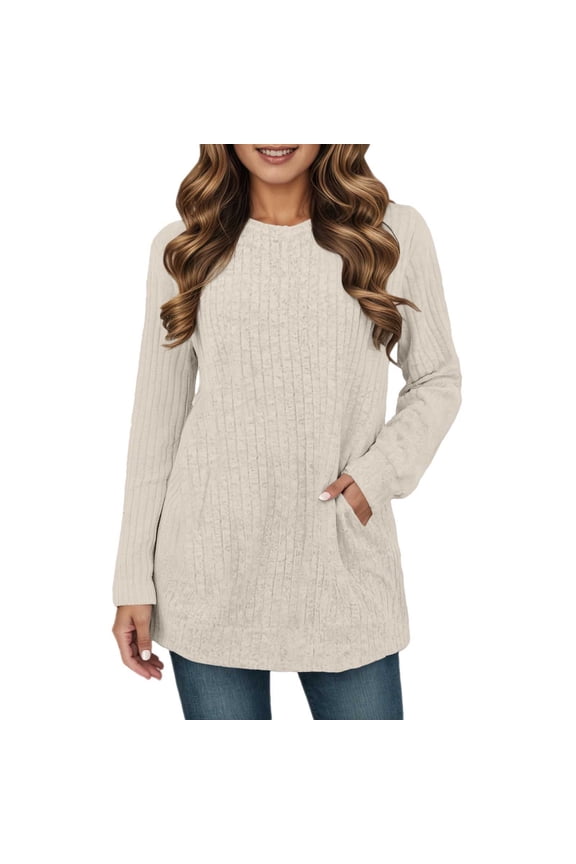 Women Pullover Sweaters Long Sleeve Crewneck Fall Cozy Tops Warm Sweaters with Pocket Beige L