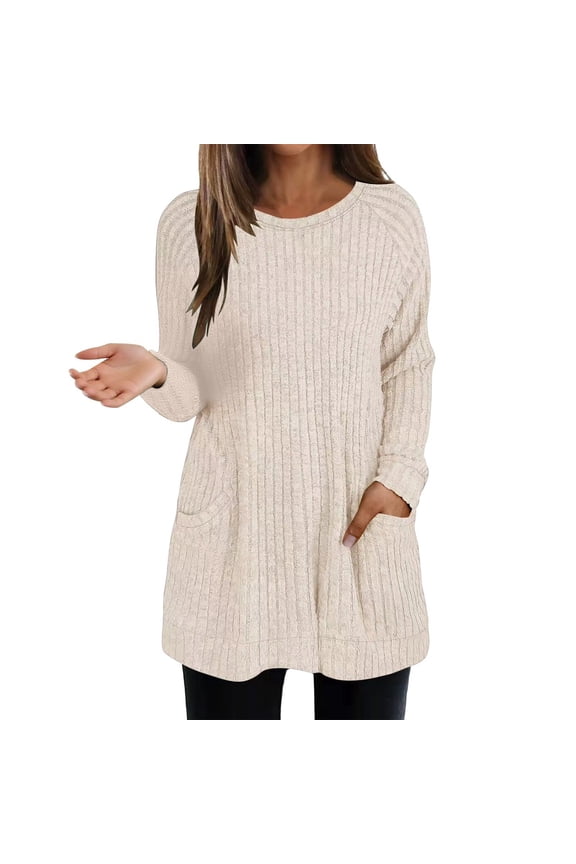 Women Pullover Sweaters Long Sleeve Crewneck Fall Cozy Tops Warm Sweaters with Pocket Beige L
