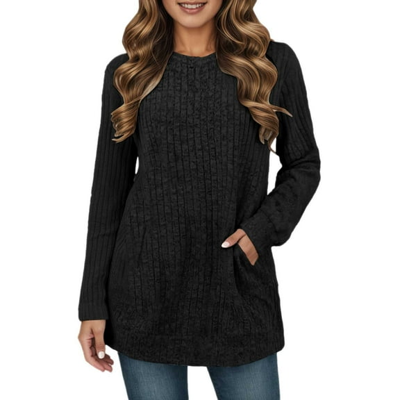 DuoJiaJ Women Pullover Sweaters Long Sleeve Crewneck Fall Cozy Tops Warm Sweaters with Pocket Black L