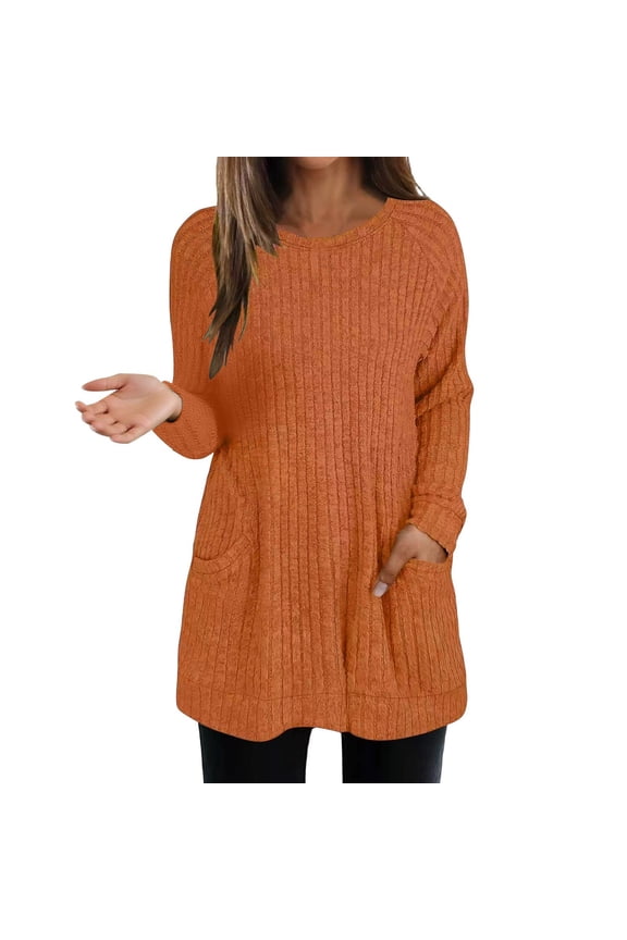 Women Pullover Sweaters Long Sleeve Crewneck Fall Cozy Tops Warm Sweaters with Pocket Orange XL