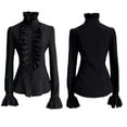 thumbnail image 1 of DuoJiaJ Women Retro Blouse High Collar Ruffled Shirt Tops Black L, 1 of 4