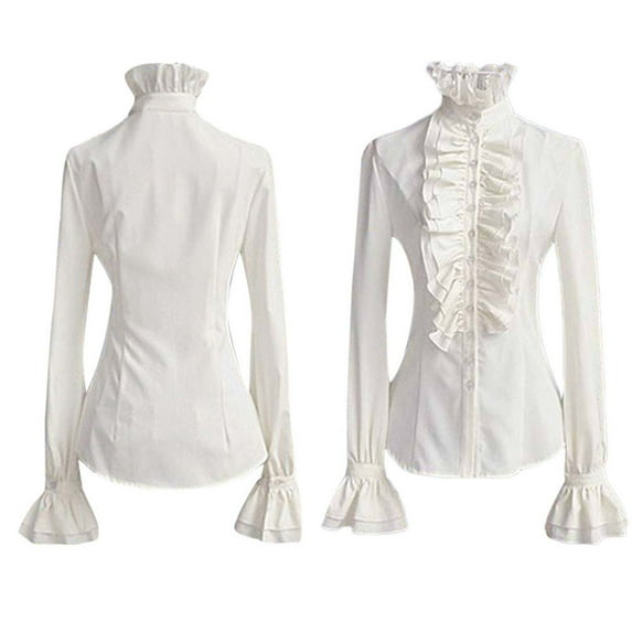 DuoJiaJ Women Retro Blouse High Collar Ruffled Shirt Tops White L