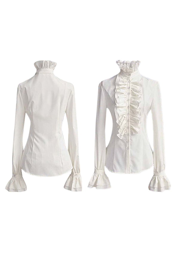 Women Retro Blouse High Collar Ruffled Shirt Tops White S
