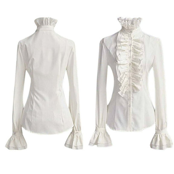DuoJiaJ Women Retro Blouse High Collar Ruffled Shirt Tops White XL