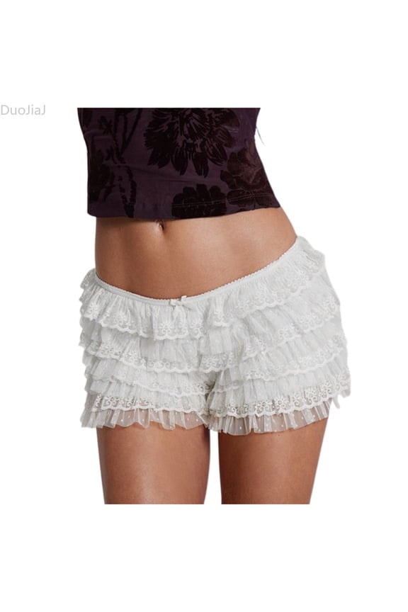 Women Ruffle Shorts Lace Cute Boyshorts Layered Mini Shorts White L