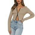 thumbnail image 1 of DuoJiaJ Women'S Solid Color Zipper Long Sleeve Plunging Neckline Top Sexy Slim Scrunchy Knit Bottoming Shirt Women’s High-Neck Workout Tops Beige, 1 of 4