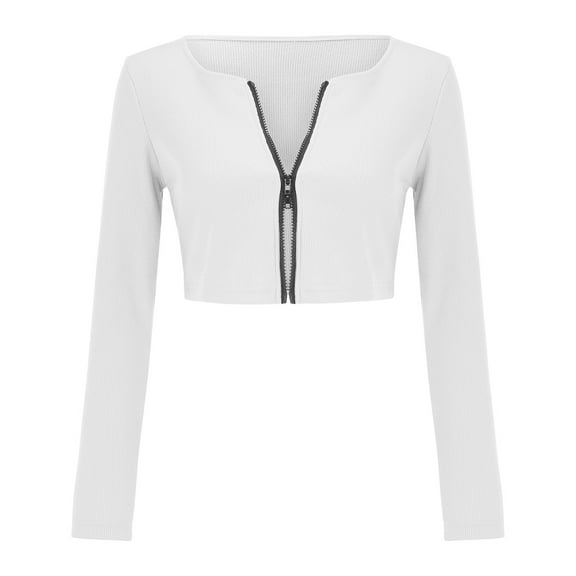 DuoJiaJ Women'S Solid Color Zipper Long Sleeve Plunging Neckline Top Sexy Slim Scrunchy Knit Bottoming Shirt Women’s High-Neck Workout Tops White